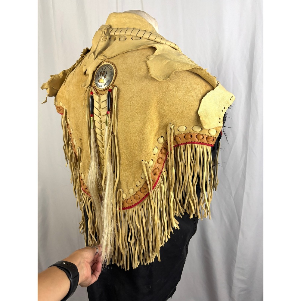 Vintage Leather Fringe Cape Vest Fort Grizzly Concho Western Boho Medium Rare - Picture 2 of 16